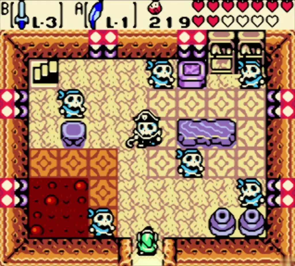 Link entering the Subrosia pirate house with the captain and crew Link entering the Subrosia pirate house with the captain and crew
