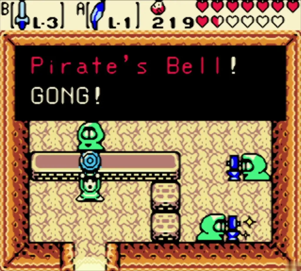 Pirate's Bell item message in the Subrosian smithy with the bell over Link's head Pirate's Bell item message in the Subrosian smithy with the bell over Link's head
