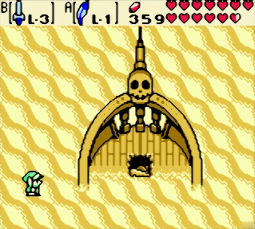 Link standing in front of the skull-topped arch in the desert sand Link standing in front of the skull-topped arch in the desert sand