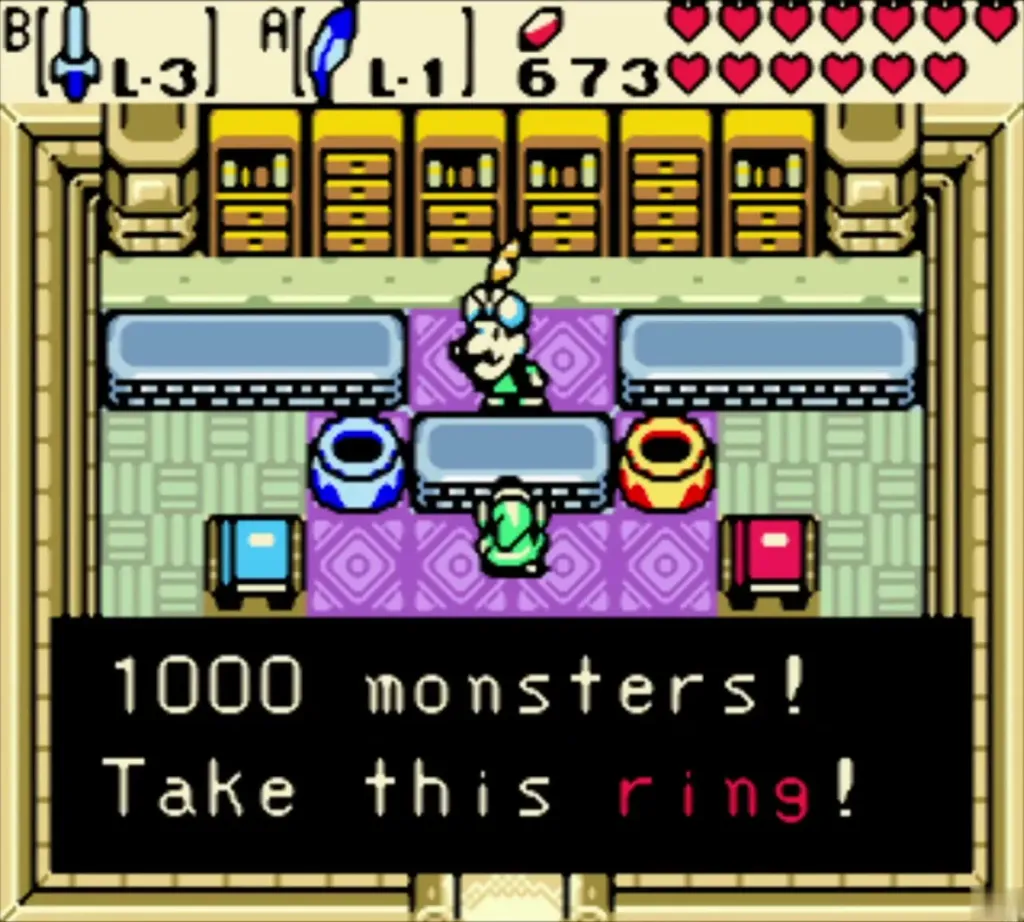 Vasu at his counter telling Link he has slain 1000 monsters and handing over a ring Vasu at his counter telling Link he has slain 1000 monsters and handing over a ring