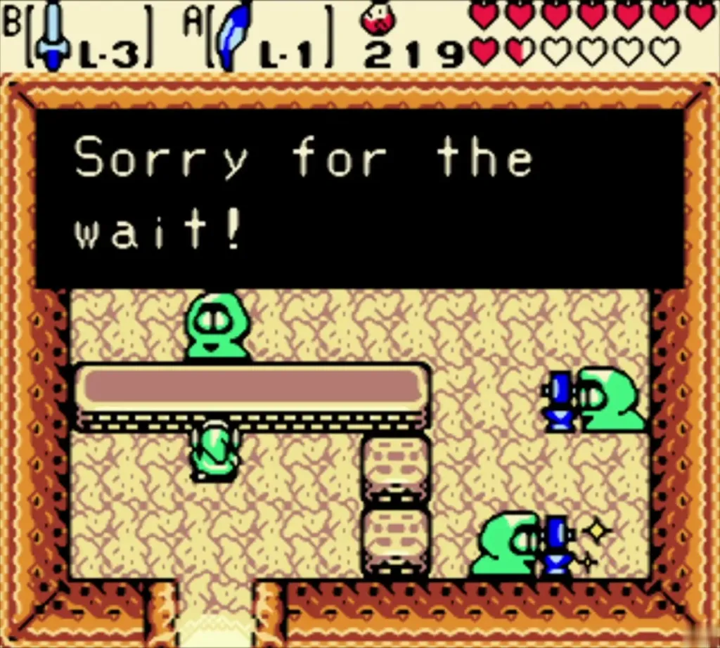 The Subrosian smith apologizing for the wait while he works on the bell The Subrosian smith apologizing for the wait while he works on the bell