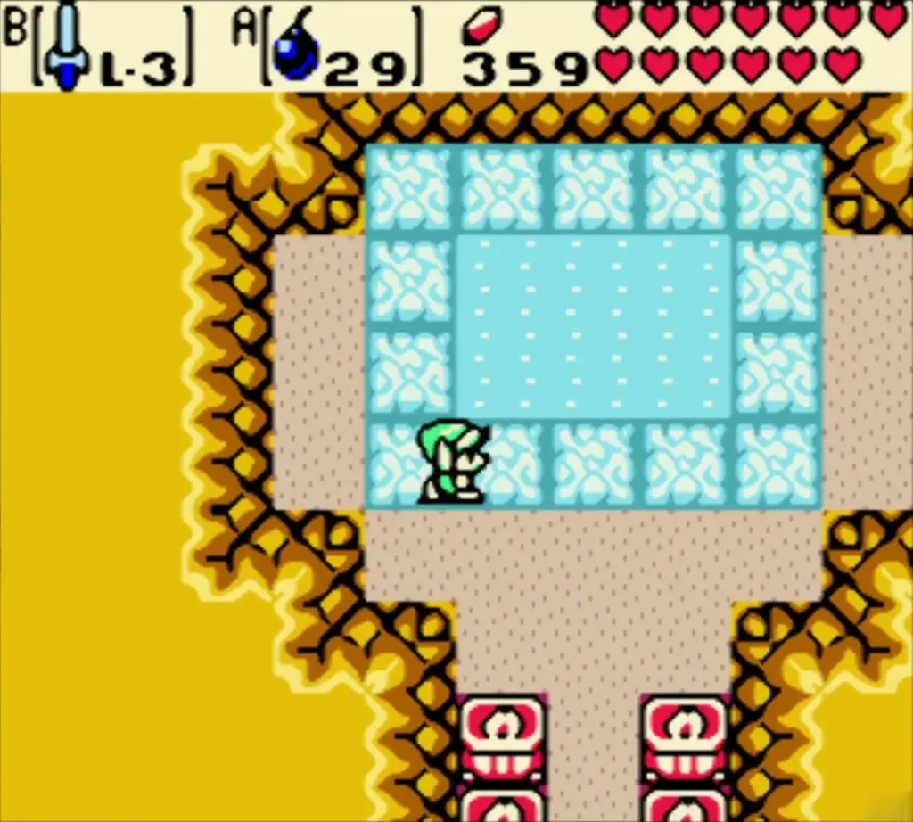 Link at the edge of a water pool inside a stone chamber in the Samasa Desert Link at the edge of a water pool inside a stone chamber in the Samasa Desert