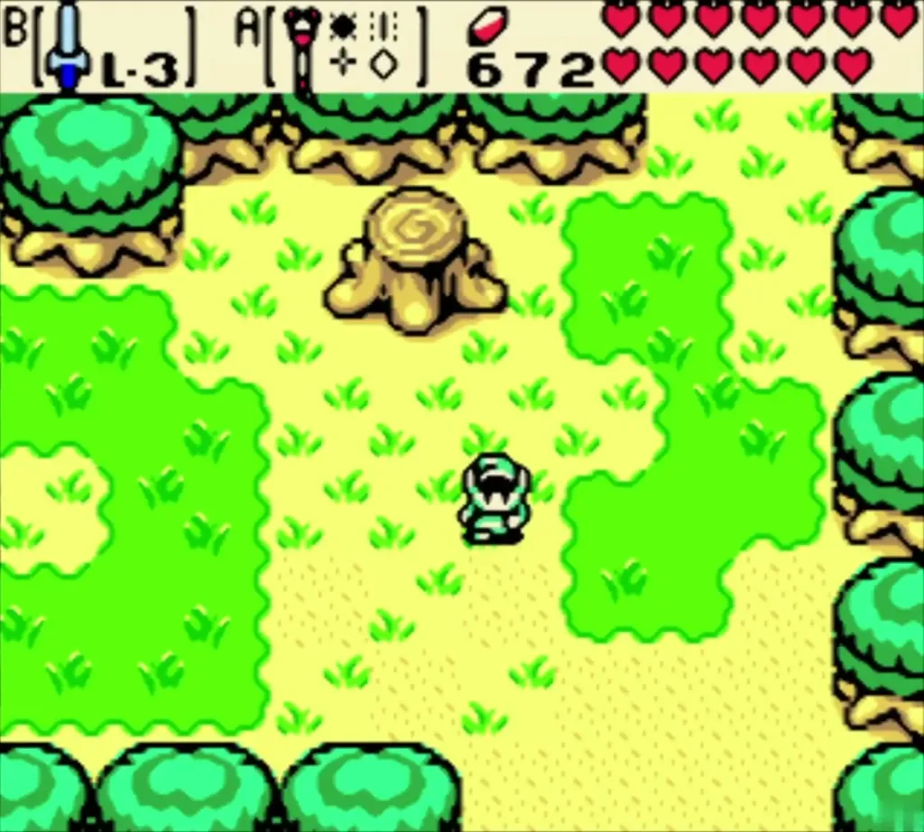 Link walking on the green summer grass beside the tree stump Link walking on the green summer grass beside the tree stump