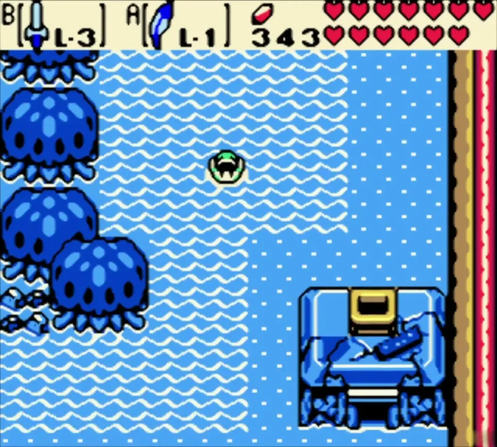 Link swimming past a sunken chest in the Sunken City water Link swimming past a sunken chest in the Sunken City water
