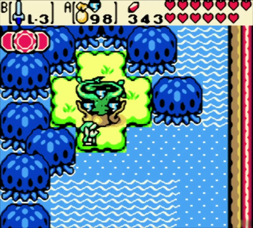 Link arriving on a grass islet in the water at the Sunken City warp spot Link arriving on a grass islet in the water at the Sunken City warp spot