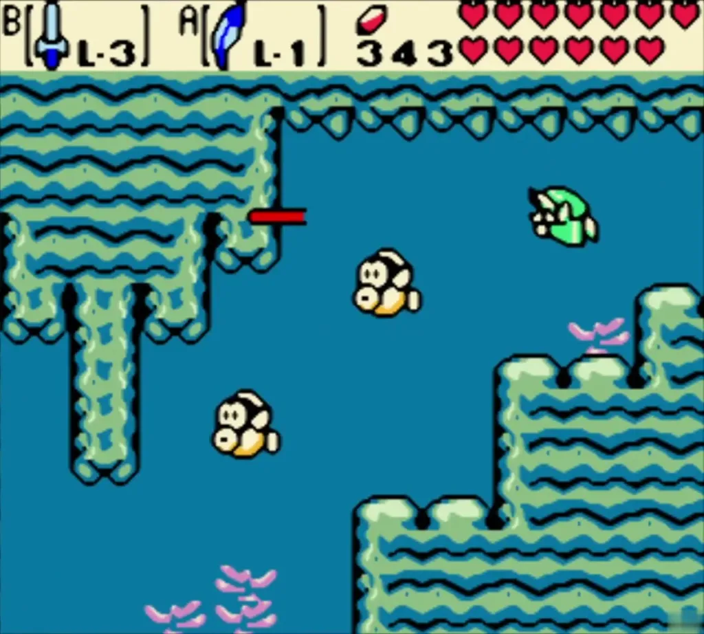 Link diving through an underwater channel between rock pillars Link diving through an underwater channel between rock pillars
