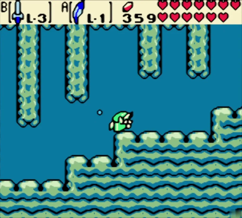 Link swimming through the underwater passage between stone pillars in the desert Link swimming through the underwater passage between stone pillars in the desert