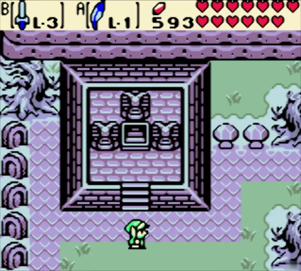 Link walking north toward the dark stone building at the top of the graveyard Link walking north toward the dark stone building at the top of the graveyard