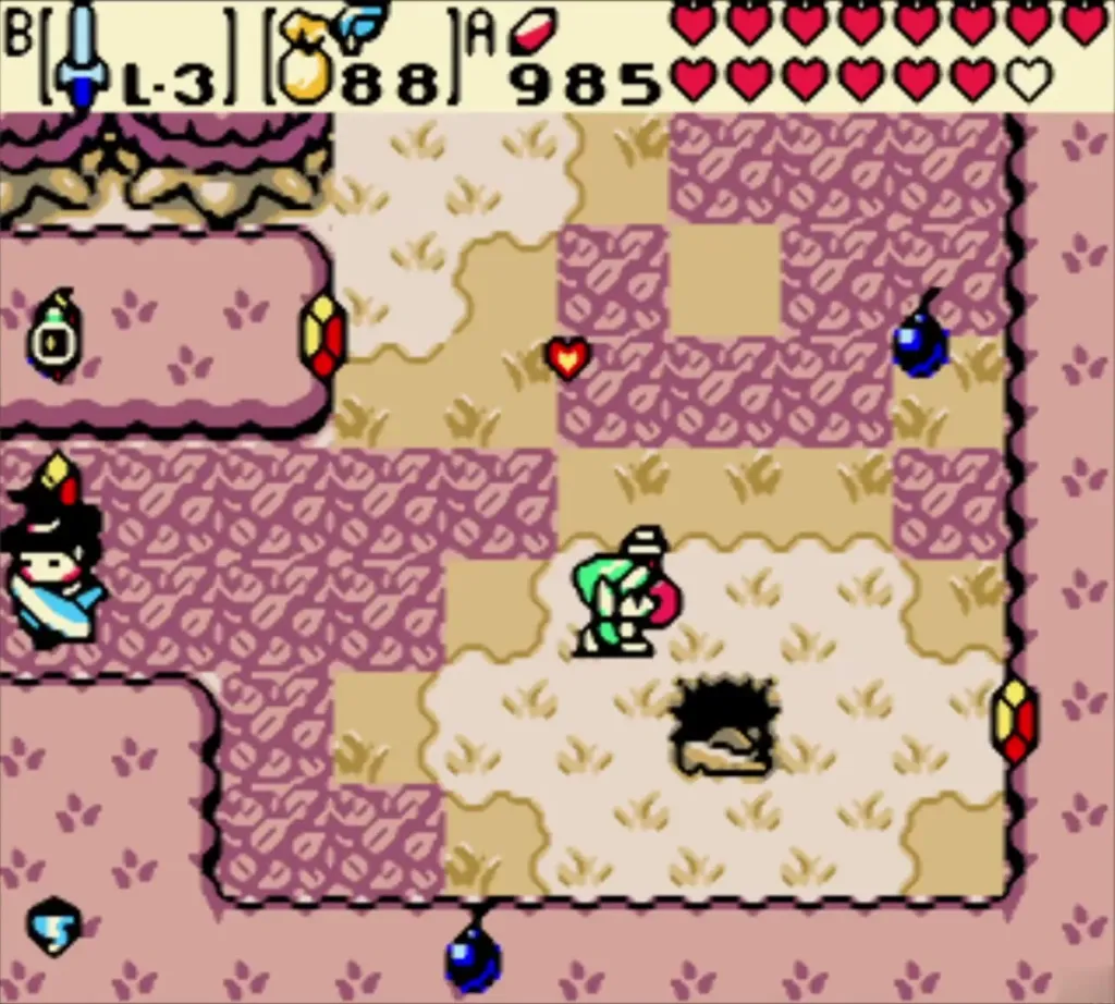 Maple beside Link in the autumn cave with Rupees and a heart dropped on the floor Maple beside Link in the autumn cave with Rupees and a heart dropped on the floor