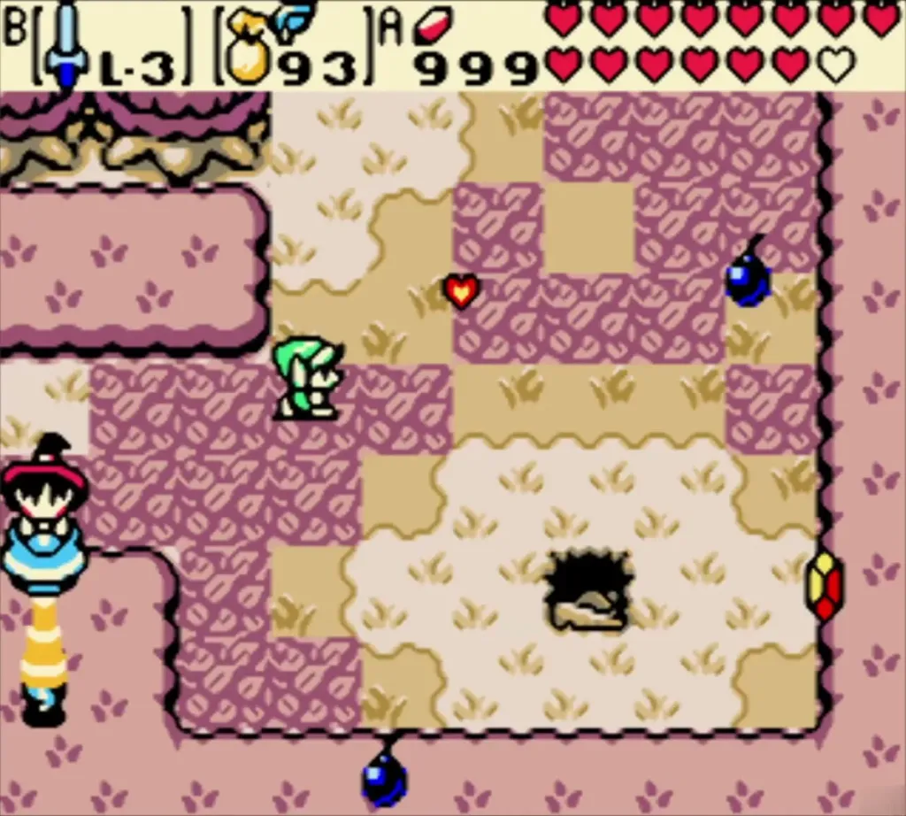 Link in the autumn cave with the Rupee counter reading 999 and Maple at the left edge Link in the autumn cave with the Rupee counter reading 999 and Maple at the left edge