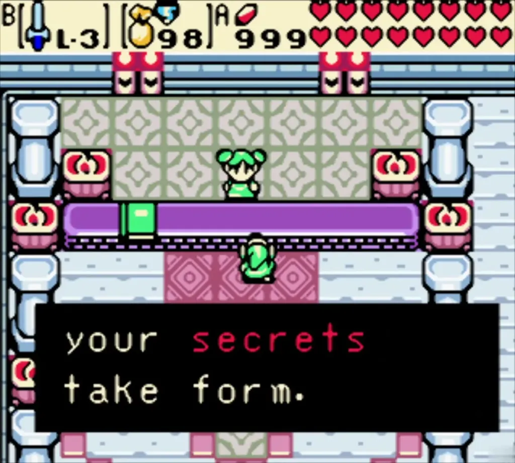 Farore, the Oracle of Secrets, explaining that Link's secrets take form Farore, the Oracle of Secrets, explaining that Link's secrets take form
