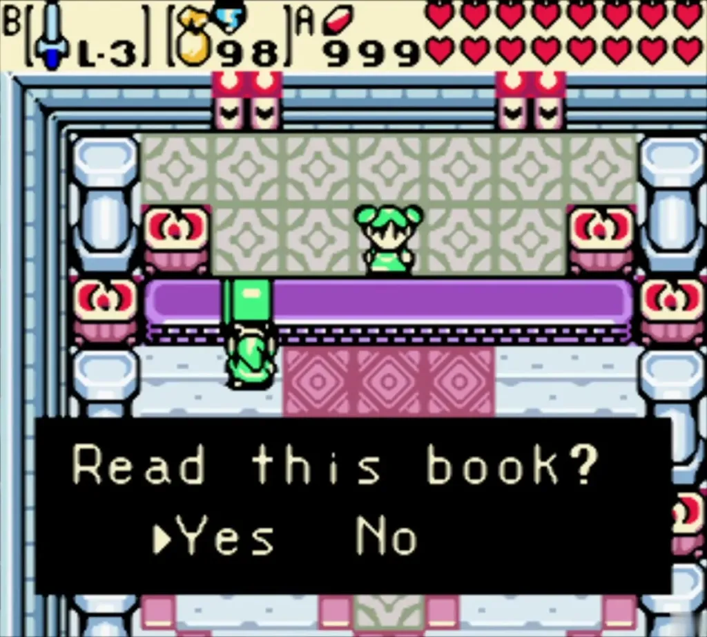 Link choosing to read the Farore's Memory book in the Hall of Secrets Link choosing to read the Farore's Memory book in the Hall of Secrets