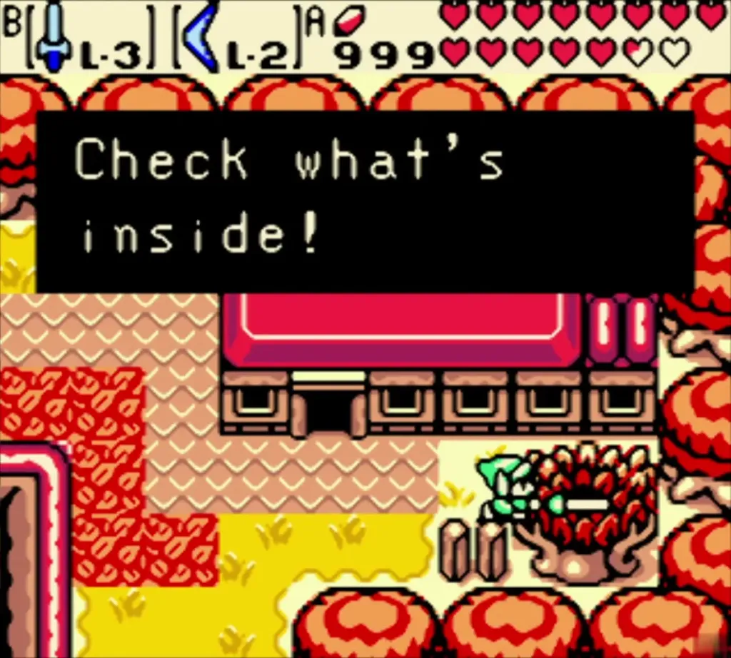 Link next to the Gasha Tree with the Check what is inside message box fully shown Link next to the Gasha Tree with the Check what is inside message box fully shown