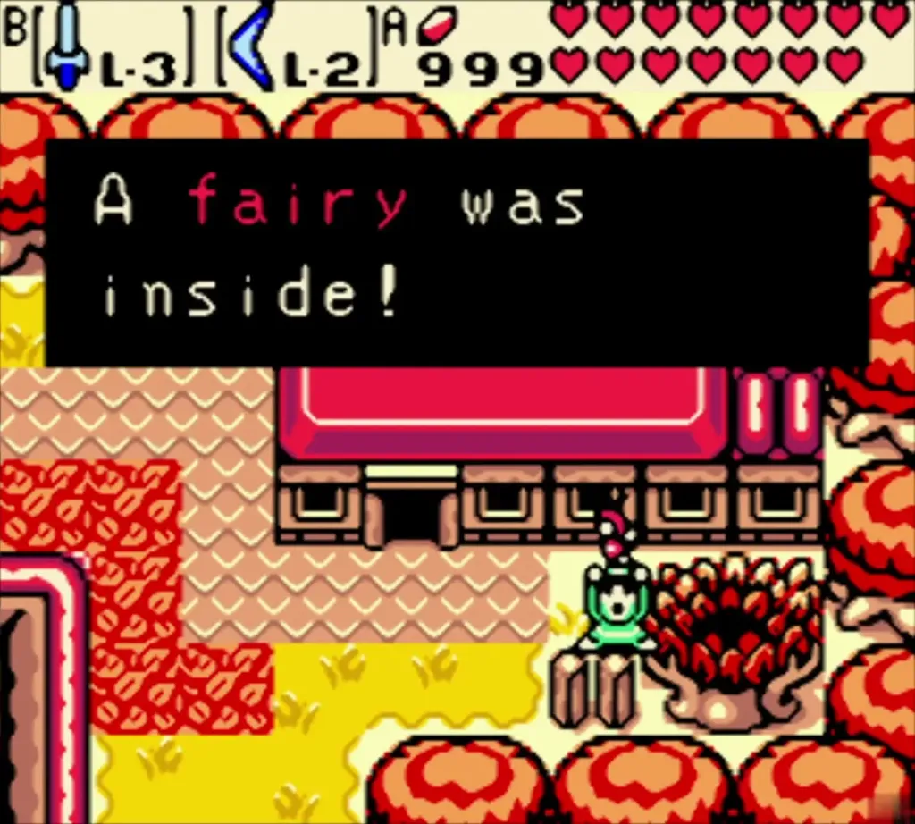 Link at the Gasha Tree with the message reading that a fairy was inside the nut Link at the Gasha Tree with the message reading that a fairy was inside the nut