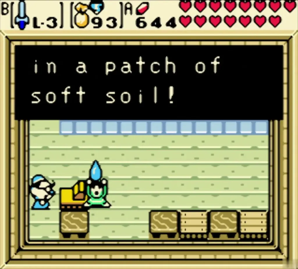 Link in the basement shop with the message that he got a Gasha Seed to plant in soft soil Link in the basement shop with the message that he got a Gasha Seed to plant in soft soil