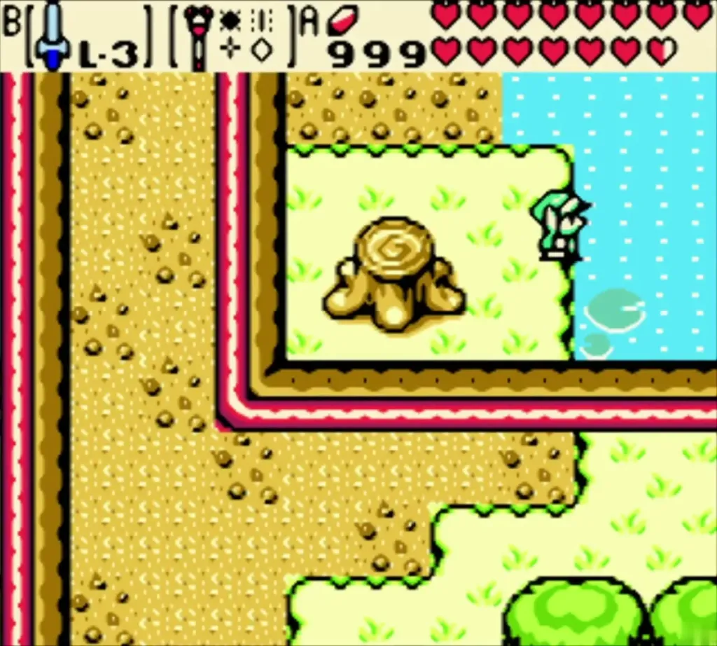 Link at the lake shore beside a tree stump on the sand, facing the water Link at the lake shore beside a tree stump on the sand, facing the water