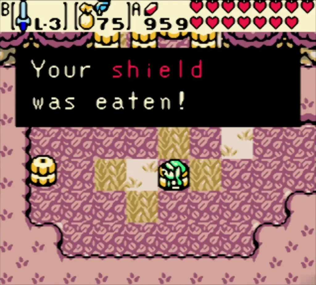 Link in the pink cave after the message that his shield was eaten Link in the pink cave after the message that his shield was eaten