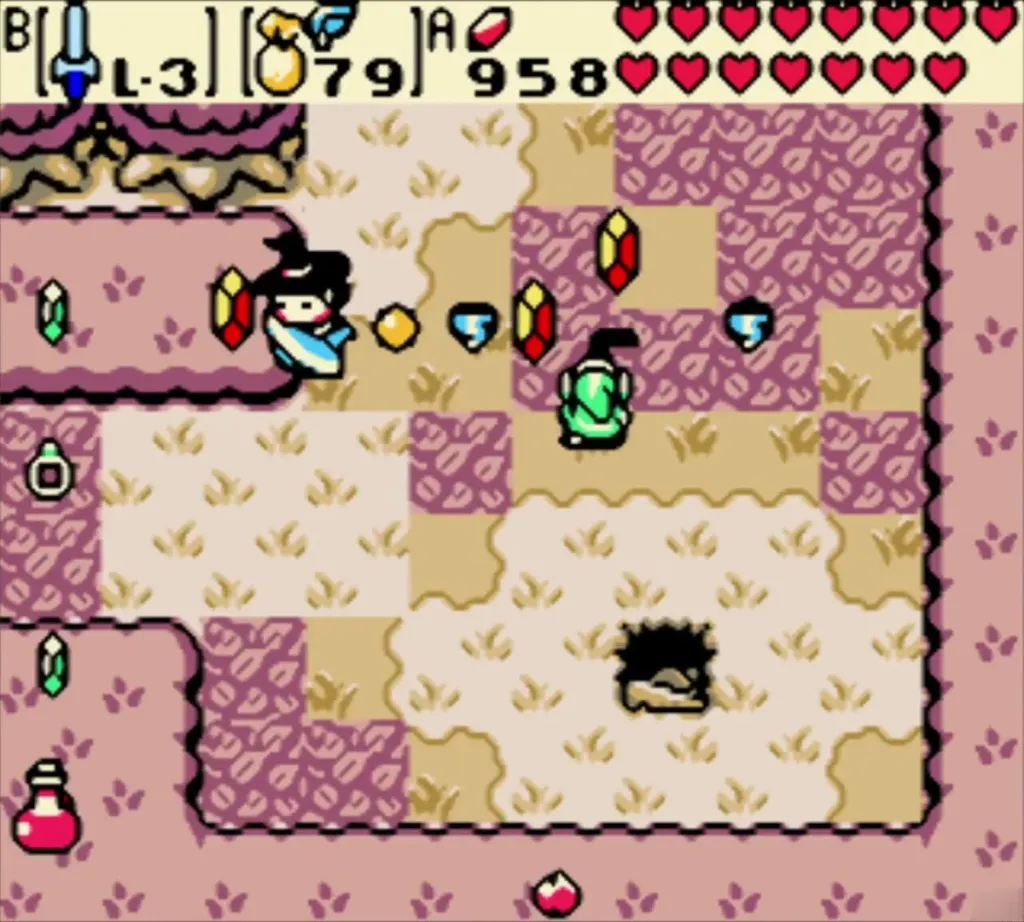 Maple in the cave dropping Rupees, a Potion and a Heart for Link to collect Maple in the cave dropping Rupees, a Potion and a Heart for Link to collect