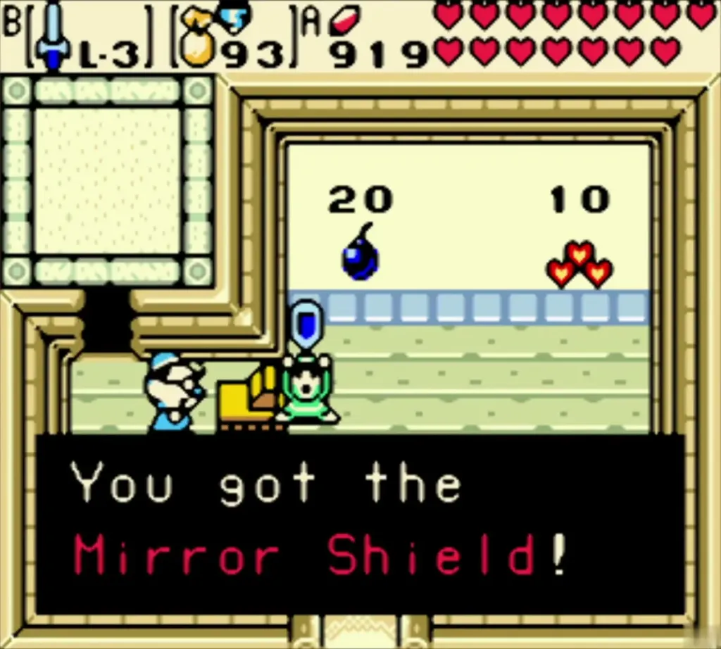 Link in the Horon Village shop with the message that he got the Mirror Shield Link in the Horon Village shop with the message that he got the Mirror Shield