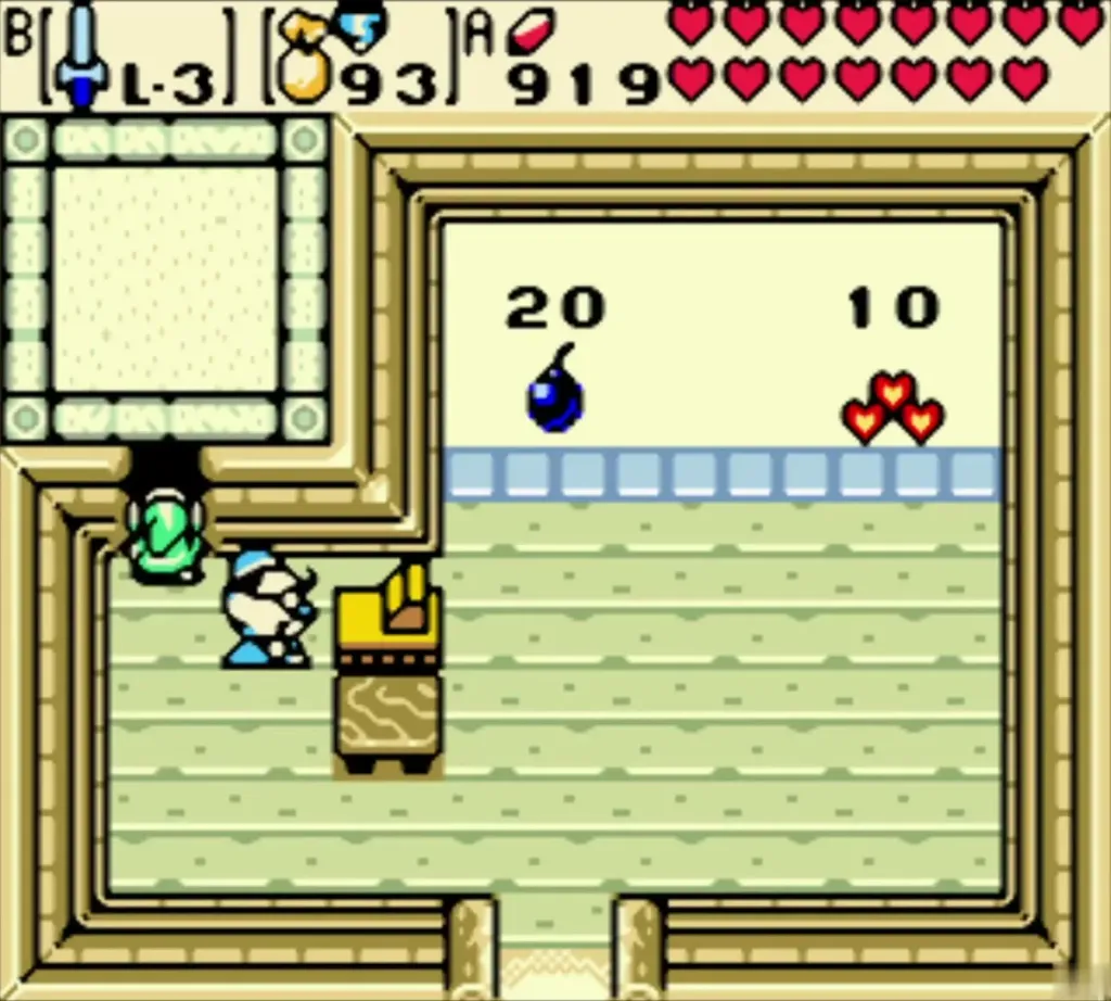 Link standing at the Horon Village shop counter after buying the Mirror Shield, with 919 Rupees left Link standing at the Horon Village shop counter after buying the Mirror Shield, with 919 Rupees left