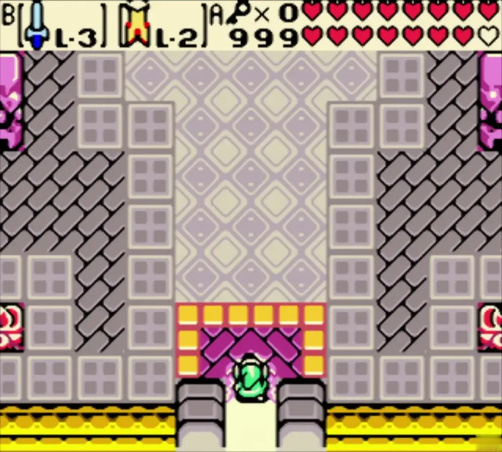 Link entering the lilac checkered first room inside the castle entrance Link entering the lilac checkered first room inside the castle entrance