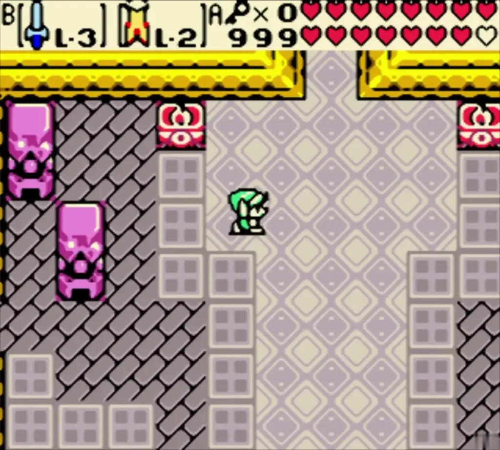 Link in the lilac checkered room beside the pink statues inside the castle Link in the lilac checkered room beside the pink statues inside the castle