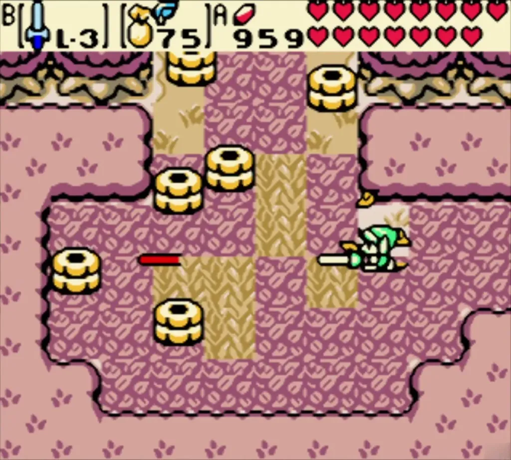 Link fighting Like Likes with a sword in the pink cave full of gold-ringed enemies Link fighting Like Likes with a sword in the pink cave full of gold-ringed enemies