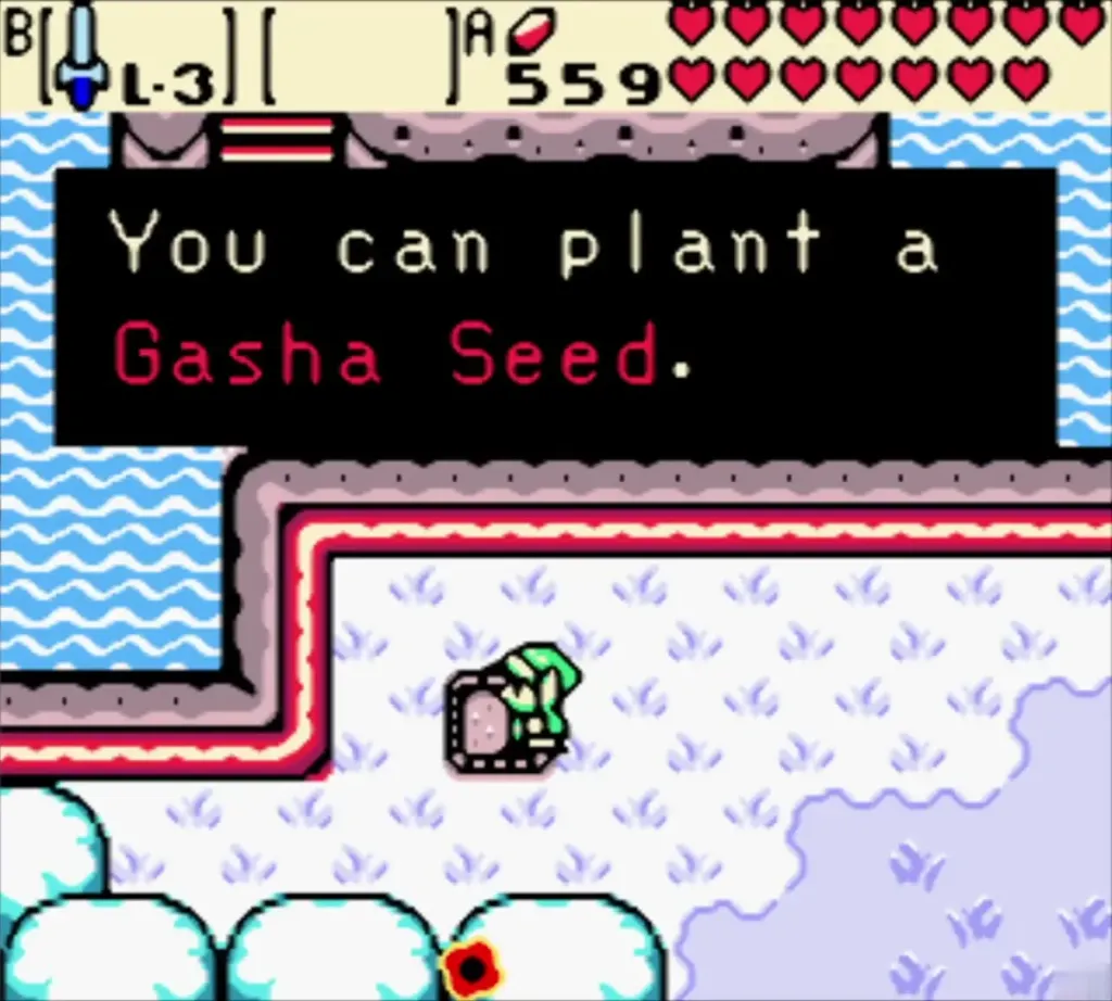 Link on a patch of soft snowy soil with the message that he can plant a Gasha Seed Link on a patch of soft snowy soil with the message that he can plant a Gasha Seed