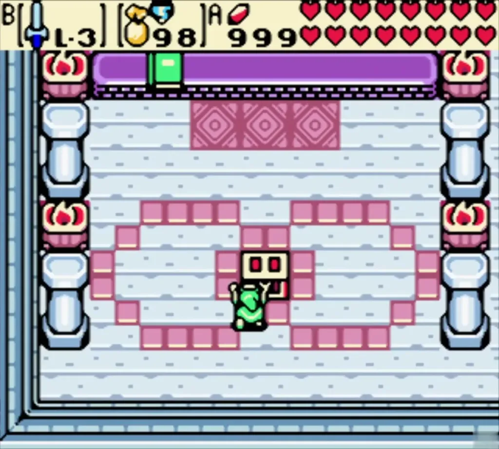 Link standing at the podium in the pink-tiled secret room before taking the sword Link standing at the podium in the pink-tiled secret room before taking the sword