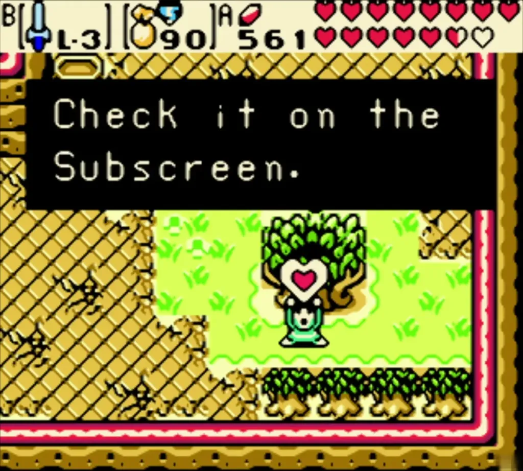 Link holding up a Piece of Heart from a Gasha Nut, with the box saying to check it on the subscreen Link holding up a Piece of Heart from a Gasha Nut, with the box saying to check it on the subscreen
