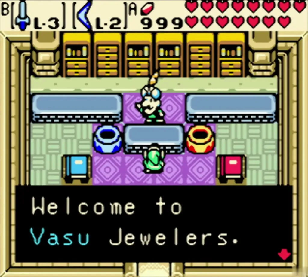 Vasu standing at his jewelry counter in Horon Village, greeting Link Vasu standing at his jewelry counter in Horon Village, greeting Link