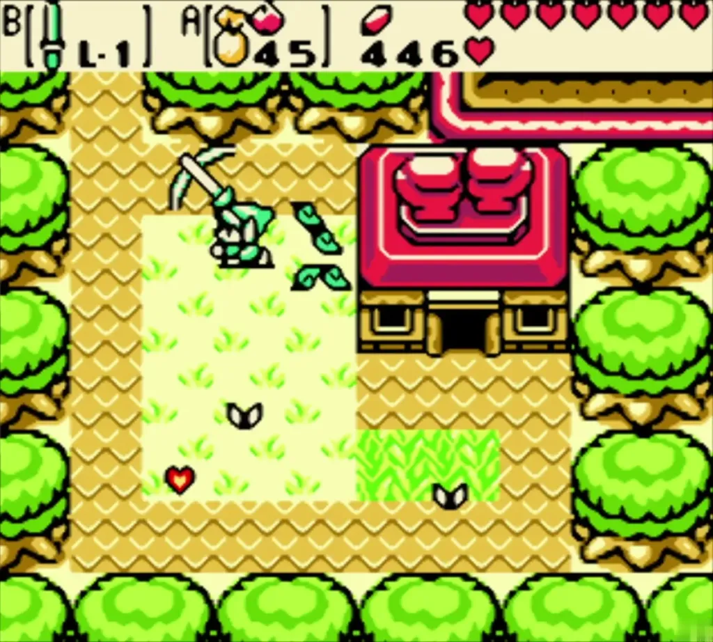 Link cutting grass beside the red-roofed gym, a heart dropped Link cutting grass beside the red-roofed gym, a heart dropped