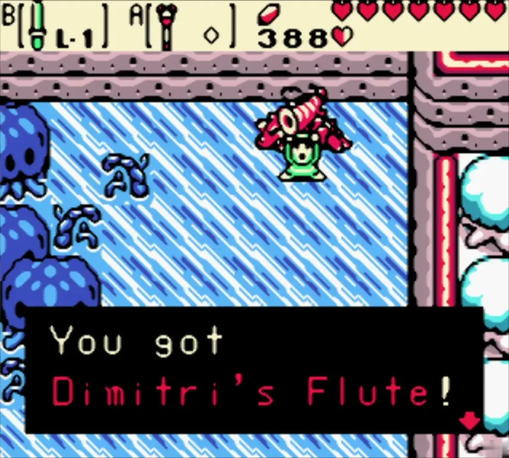 Link holding up Dimitri's Flute beside Dimitri Link holding up Dimitri's Flute beside Dimitri