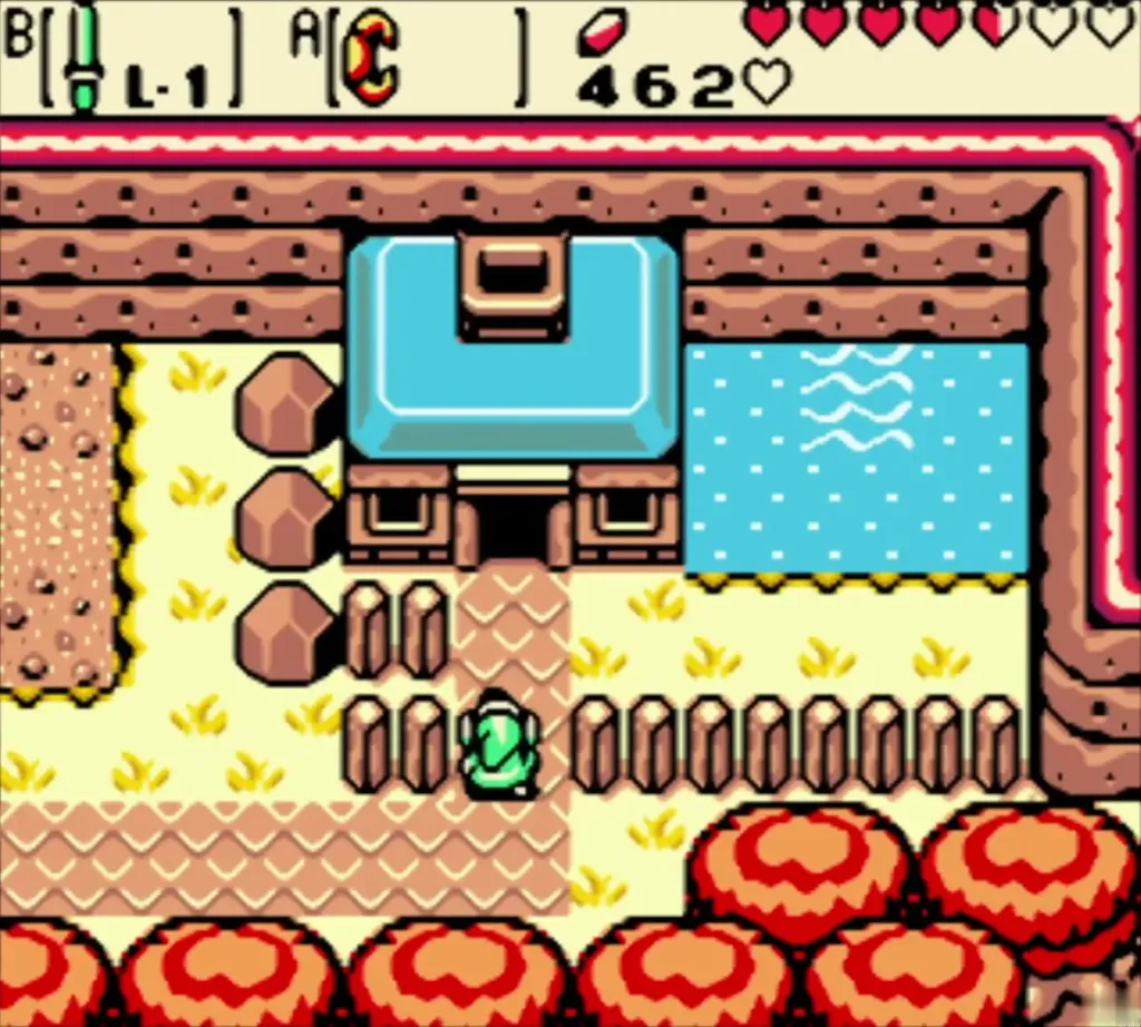 Link at the blue-roofed Floodgate Keeper's house with the pool beside it Link at the blue-roofed Floodgate Keeper's house with the pool beside it