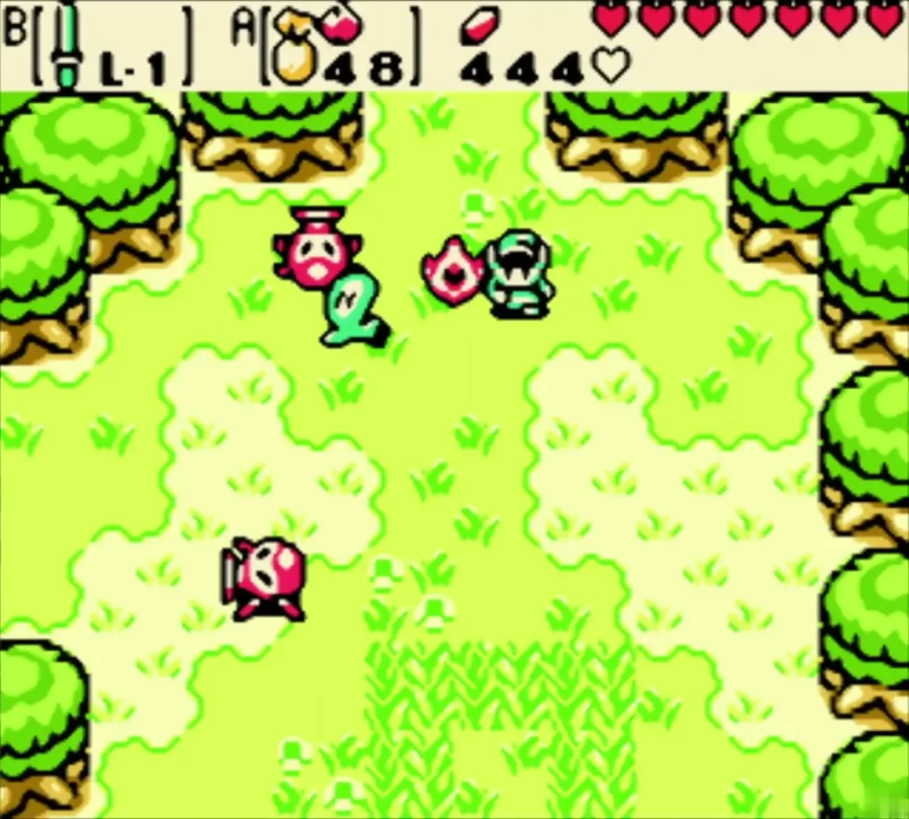 Link in a green meadow facing a group of Octoroks Link in a green meadow facing a group of Octoroks