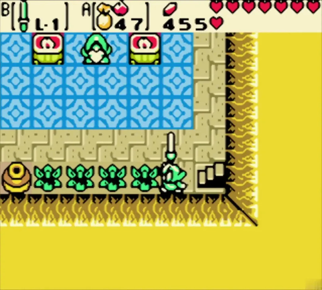 Link cutting plants in the hidden cave below the cliff Link cutting plants in the hidden cave below the cliff