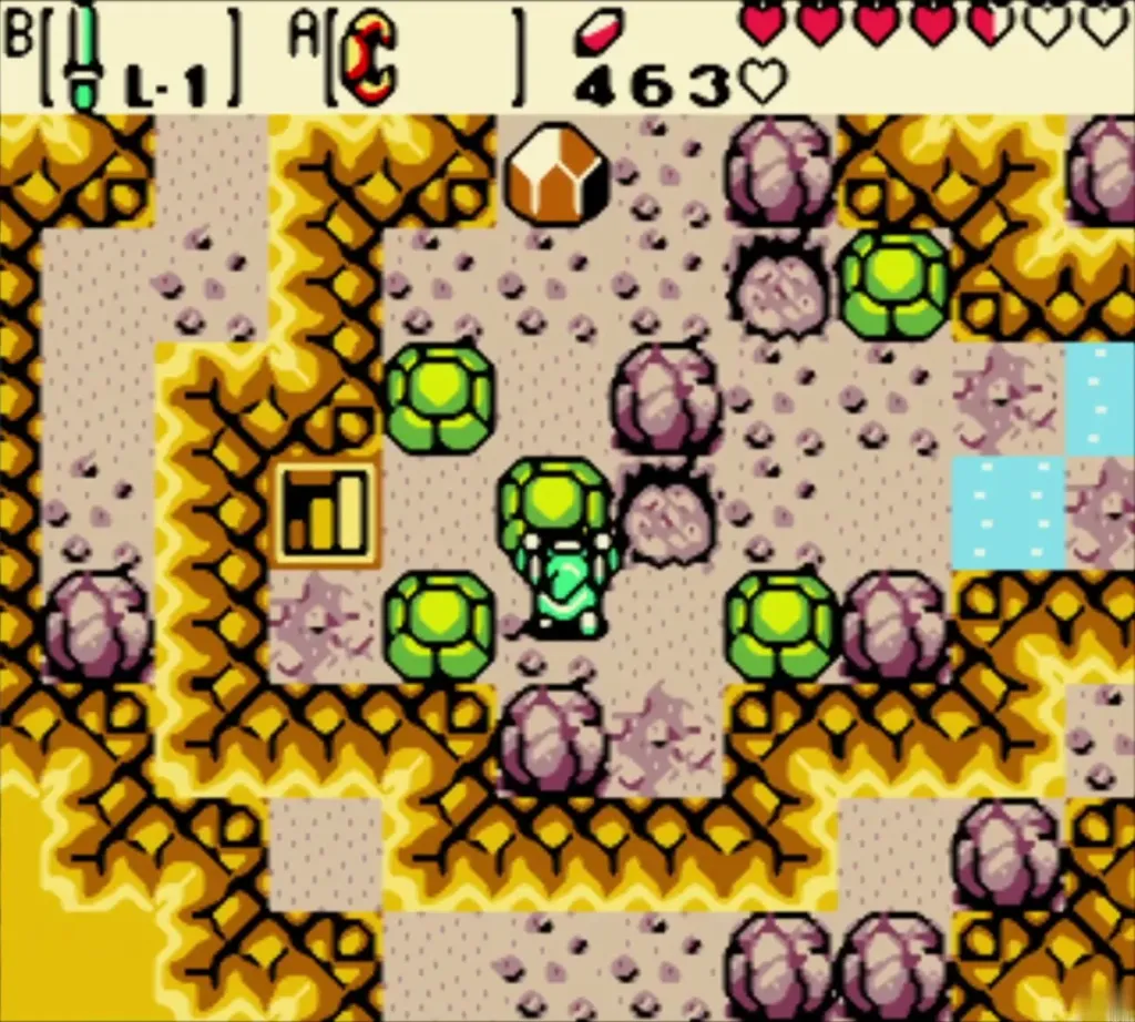 Link lifting a rock among green statues in the cave Link lifting a rock among green statues in the cave