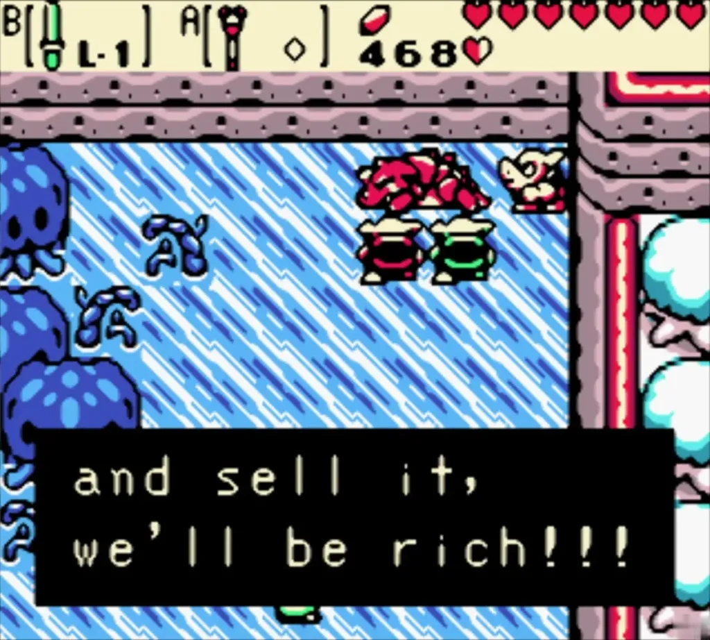 Pig Moblins carrying a bag saying they will be rich if they sell it Pig Moblins carrying a bag saying they will be rich if they sell it