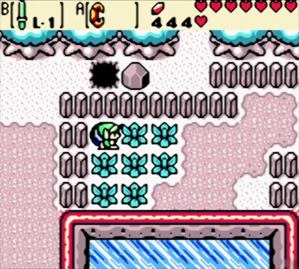 Link stepping out of the portal into the snow beside Eyeglass Lake Link stepping out of the portal into the snow beside Eyeglass Lake