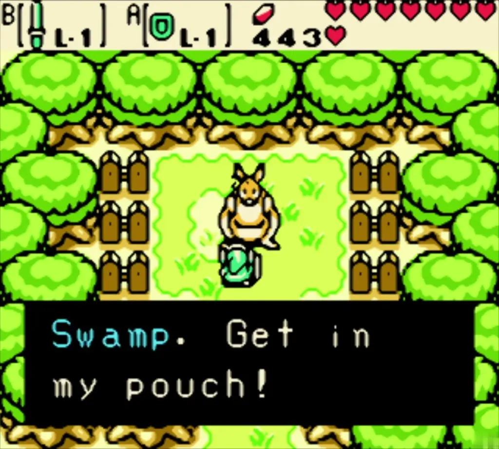 Ricky inviting Link to hop into his pouch for the ride to Spool Swamp Ricky inviting Link to hop into his pouch for the ride to Spool Swamp