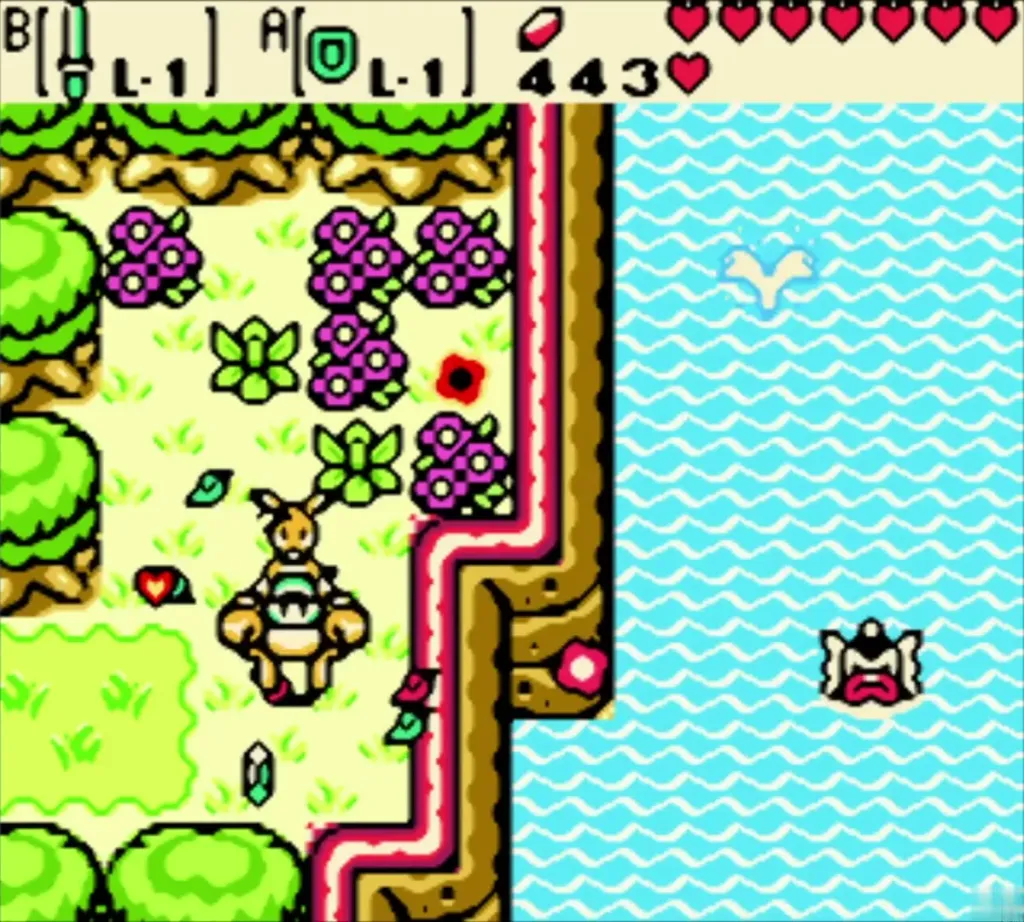 Ricky carrying Link along the shore with a heart and Rupee on the ground Ricky carrying Link along the shore with a heart and Rupee on the ground