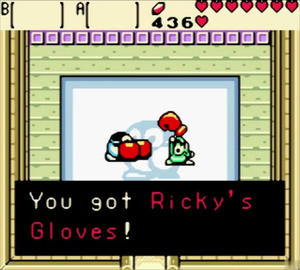 Link holding up Ricky's Gloves after beating Blaino Link holding up Ricky's Gloves after beating Blaino