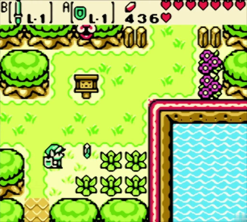 A green Rupee lying in the grass as Maple appears at the top of the screen A green Rupee lying in the grass as Maple appears at the top of the screen