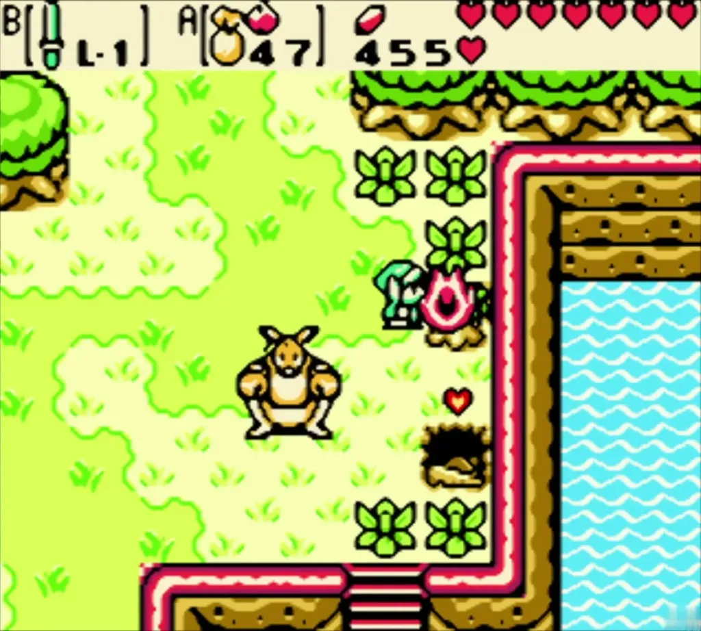 Link digging beside the bushes as a heart pops out of the hole Link digging beside the bushes as a heart pops out of the hole