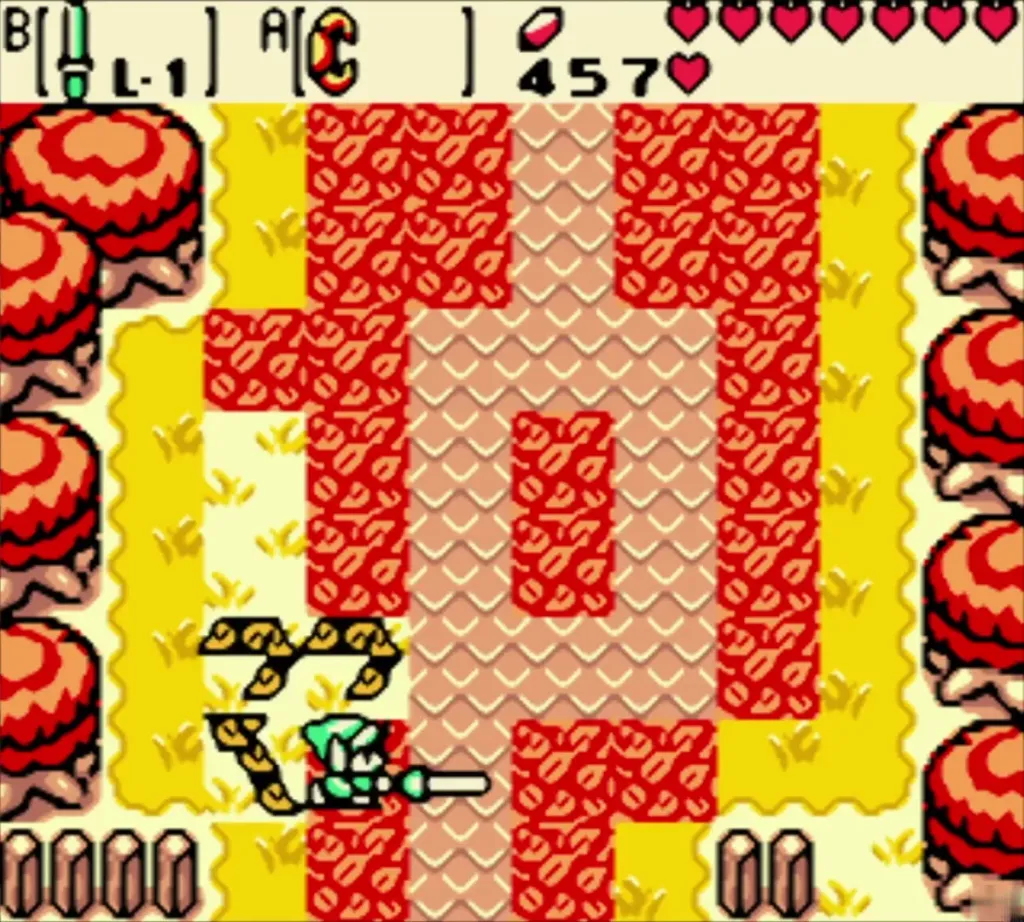 Link cutting through dead leaves in the red autumn tree maze Link cutting through dead leaves in the red autumn tree maze