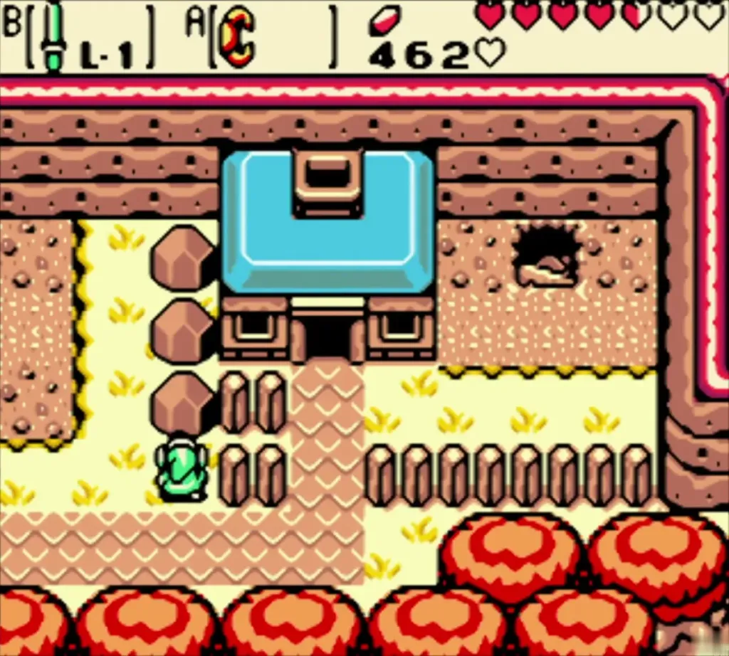 Link beside the blue-roofed house where a cave stairway has opened Link beside the blue-roofed house where a cave stairway has opened