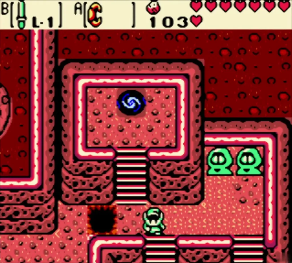 Link arriving in Subrosia below the portal with the Ore Chunk counter at 103 Link arriving in Subrosia below the portal with the Ore Chunk counter at 103