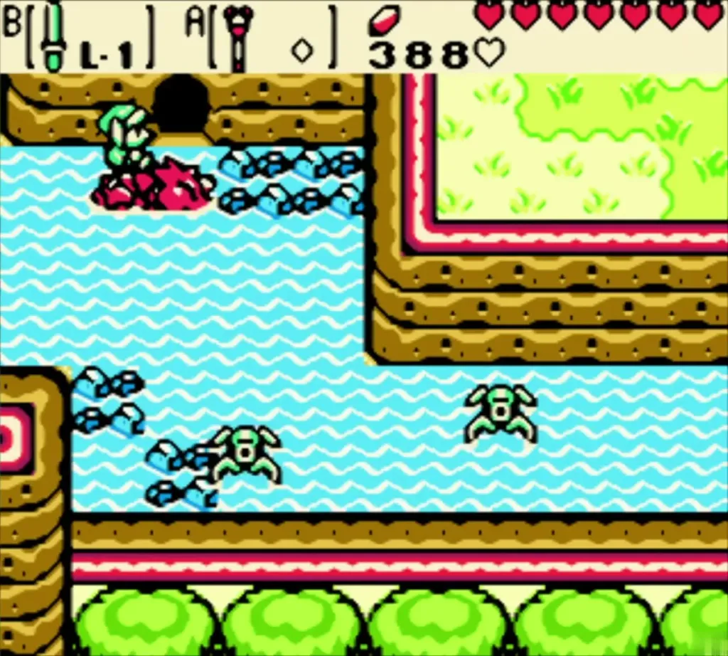 Link riding Dimitri through the lake toward a cave in the cliff Link riding Dimitri through the lake toward a cave in the cliff