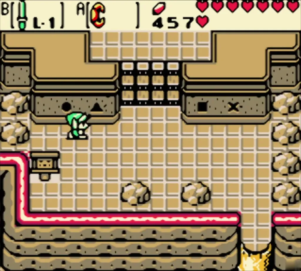 Link walking along the carved wall with rocks on the south side Link walking along the carved wall with rocks on the south side