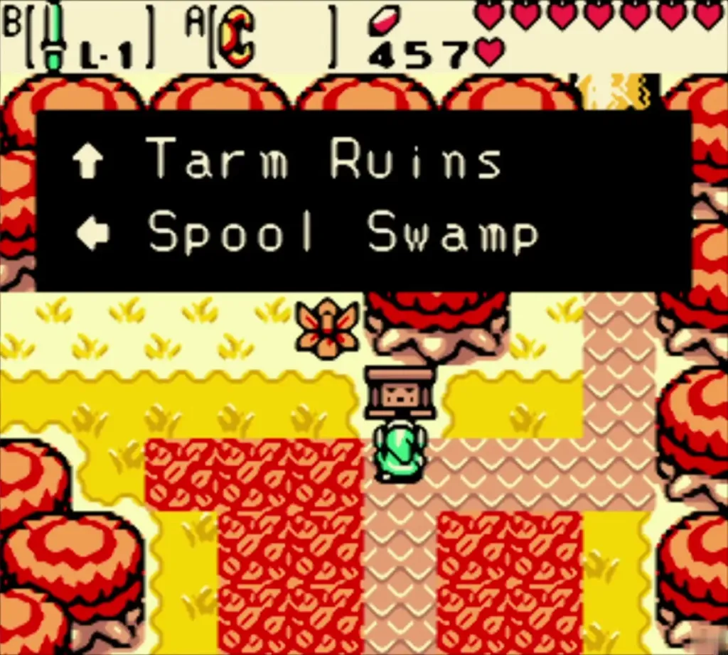Link reading the signpost pointing to Tarm Ruins and Spool Swamp Link reading the signpost pointing to Tarm Ruins and Spool Swamp
